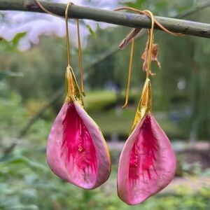 Anthropologie Fuchsia and Gold Teardrop Earrings
